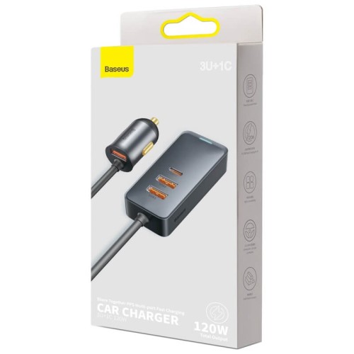 Адаптер автомобільний BASEUS Share Together PPS multi-port Fast charging car charger with cord |3USB/1Type-C, 3A/120W, QC/PD, 1.5m| (CCBT-B0G) grey