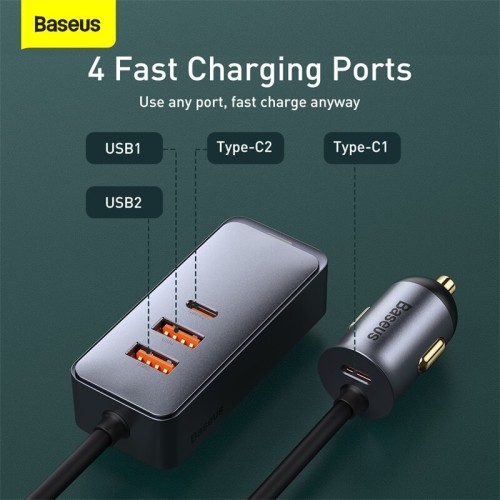 Адаптер автомобільний BASEUS Share Together PPS multi-port Fast charging car charger with cord |2USB/2Type-C, 3A/120W, QC/PD, 1.5m| (CCBT-A0G) grey
