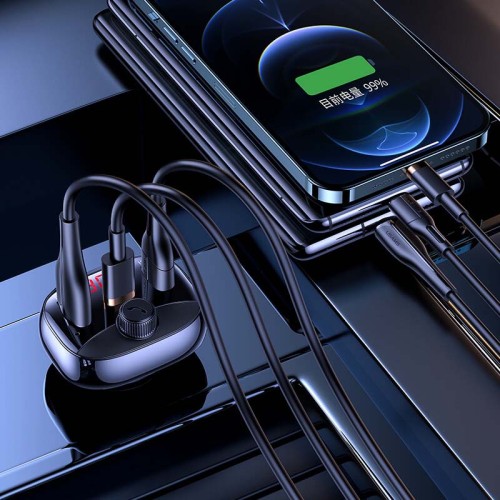 Адаптер автомобільний USAMS with Bluetooth FM Digital Display US-CC143 C25 |2USB/1Type-C, 3A/50W, QC/PD, TF| black