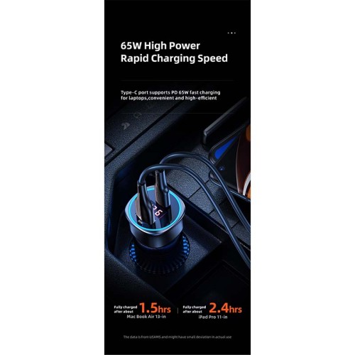 Адаптер автомобільний USAMS Dual Ports Digital Display Fast Car Charger US-CC146 C26 |1USB/1Type-C, 3A/95W, QC/PD| black