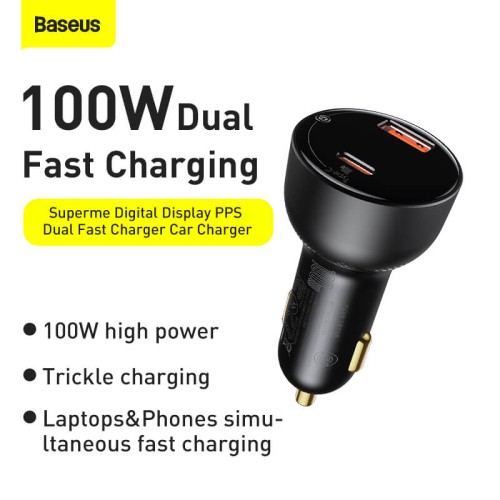 Адаптер автомобільний BASEUS Superme Digital Display PPS Dual Quick Charger Car Charger |1USB/1Type-C, 5A, 65+30w, QC/PD| (CCZX-01) black