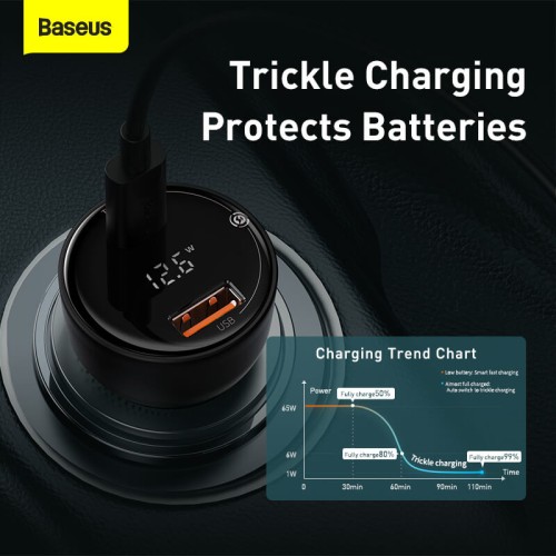 Адаптер автомобільний BASEUS Superme Digital Display PPS Dual Quick Charger Car Charger |1USB/1Type-C, 5A, 65+30w, QC/PD| (CCZX-01) black