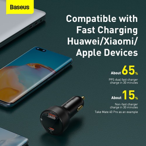 Адаптер автомобільний BASEUS Superme Digital Display PPS Dual Quick Charger Car Charger |1USB/1Type-C, 5A, 65+30w, QC/PD| (CCZX-01) black