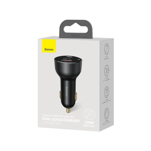 Адаптер автомобільний BASEUS Superme Digital Display PPS Dual Quick Charger Car Charger |1USB/1Type-C, 5A, 65+30w, QC/PD| (CCZX-01) black