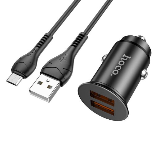 Адаптер автомобільний HOCO Micro USB Cable  Developer dual port car charger set NZ1 |2USB, 3A, 36W, QC| black