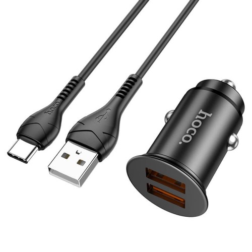 Адаптер автомобільний HOCO Type-C Cable  Developer dual port car charger set NZ1 |2USB, 3A, 36W, QC| black