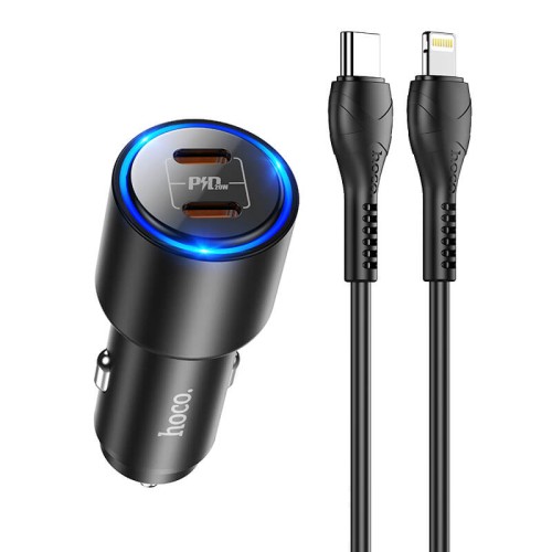 Адаптер автомобільний HOCO Type-C to Lightning Cable Clear way dual port car charger set NZ3 |2Type-C, QC/PD, 3A/40W| black