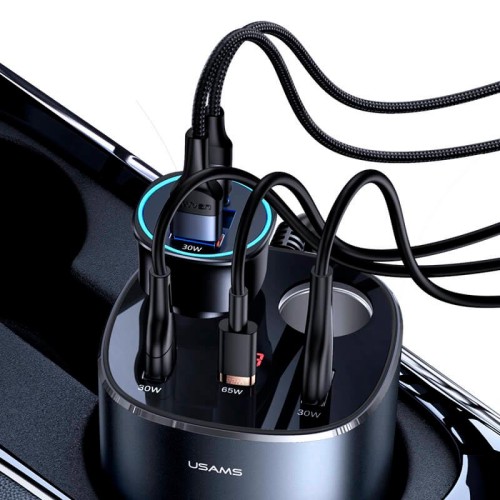 Адаптер автомобільний USAMS Dual Cigarette Lighters Digital Fast Car Charger C28 US-CC151 |2USB/1Type-C, 245W/6A, PD/QC| black