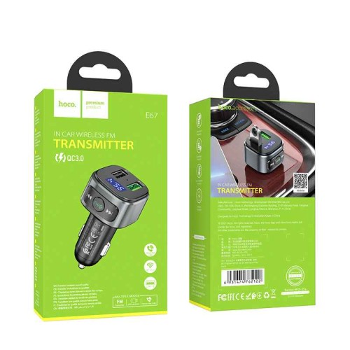 Адаптер автомобільний HOCO Fighter BT FM transmitter E67 |BT5.0, 2USB, U Disk, 3A, QC| black