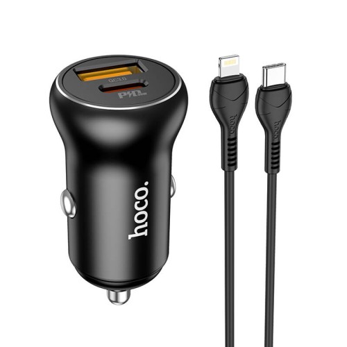Адаптер автомобільний HOCO Type-C to Lightning Cable Smooth road car charger NZ5 |1USB/1Type-C, 30W/3A, PD/QC| black