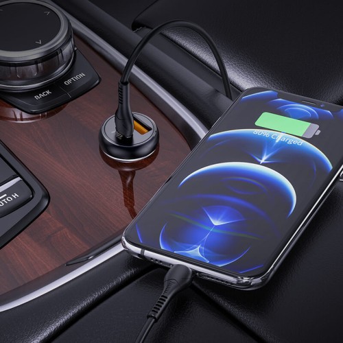 Адаптер автомобільний HOCO Type-C to Lightning Cable Smooth road car charger NZ5 |1USB/1Type-C, 30W/3A, PD/QC| black