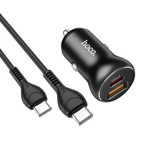 Адаптер автомобільний HOCO Type-C to Type-C Cable Smooth road car charger NZ5 |1USB/1Type-C, 30W/3A, PD/QC| black