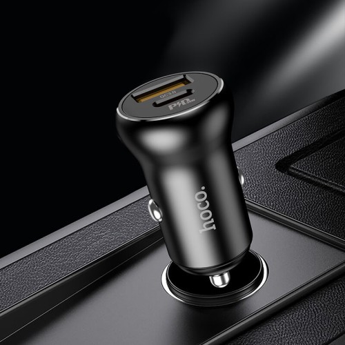 Адаптер автомобільний HOCO Type-C to Type-C Cable Smooth road car charger NZ5 |1USB/1Type-C, 30W/3A, PD/QC| black
