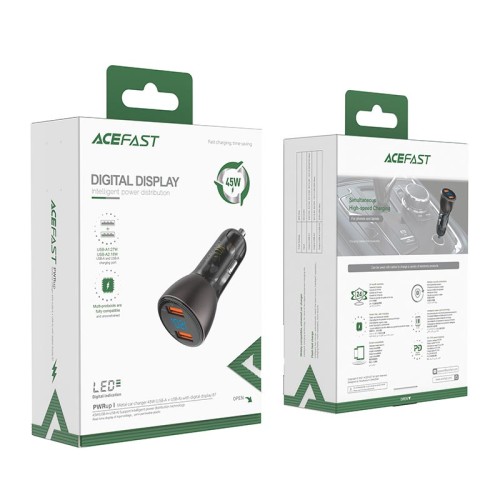 Адаптер автомобільний AceFast metal Car charger with digital display B7 |2USB, 45W/5A, PD/QC| black