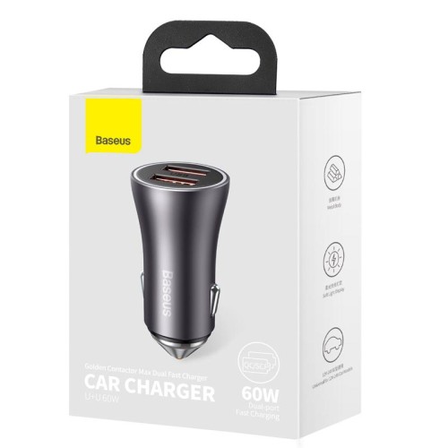 Адаптер автомобільний Baseus Golden Contactor Max Dual Fast Charger Car Charger |2USB, QC/PD, 60W/3A| grey