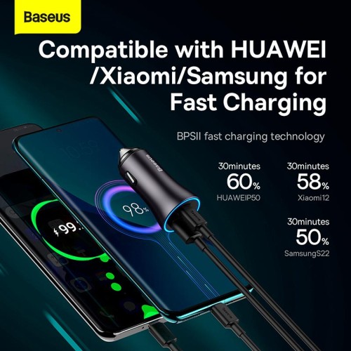 Адаптер автомобільний Baseus Golden Contactor Max Dual Fast Charger Car Charger |1USB/1Type-C, QC/PD, 60W/3A| grey