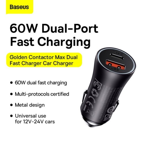 Адаптер автомобільний Baseus Golden Contactor Max Dual Fast Charger Car Charger |1USB/1Type-C, QC/PD, 60W/3A| grey