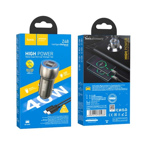 Адаптер автомобільний HOCO Type-C to Type-C Cable Tough dual port car charger Z48 |2Type-C, 40W/3A, PD/QC| grey