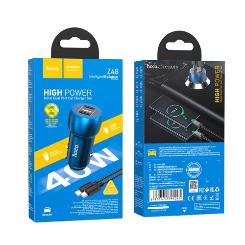 Адаптер автомобільний HOCO Type-C to Type-C Cable Tough dual port car charger Z48 |2Type-C, 40W/3A, PD/QC| Sapphire-blue