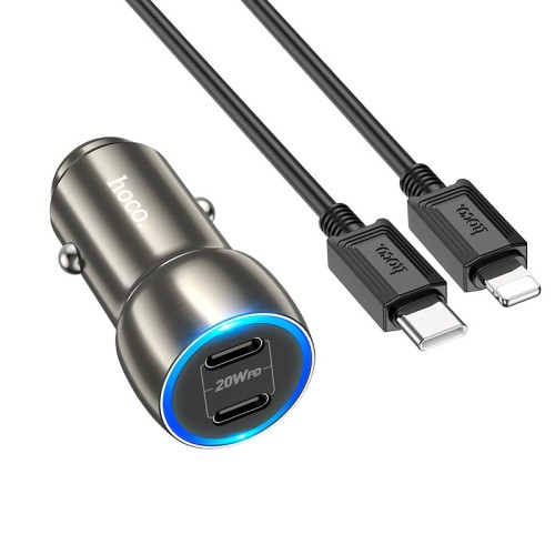 Адаптер автомобільний HOCO Type-C to Lightning Cable Tough dual port car charger Z48 |2Type-C, 40W/3A, PD/QC| Sapphire-blue