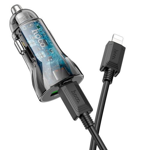 Адаптер автомобільний HOCO Type-C to Lightning CableTransparent Discovery Edition dual port Z47A |1USB/1Type-C, QC/PD, 30W/3A| transparent-black