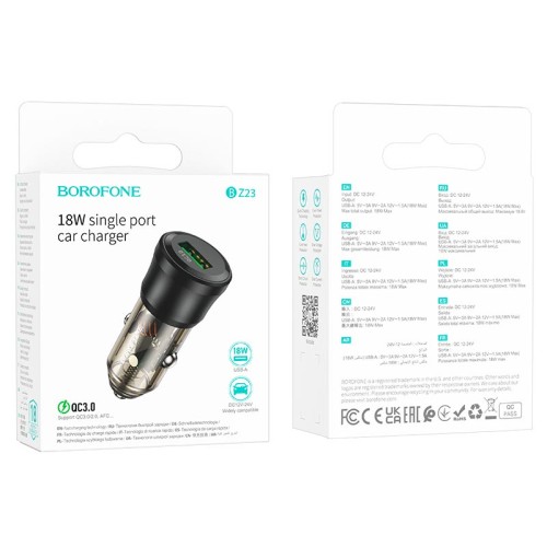 Адаптер автомобільний Borofone Noble single-port car charger BZ23 |1USB, 18W/3A, QC3.0| transparent-black