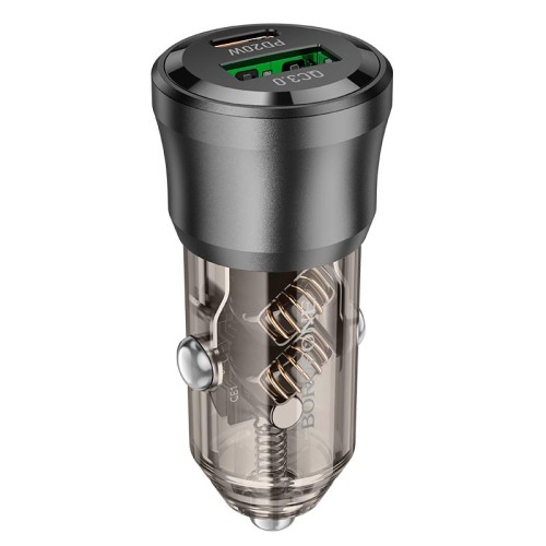 Адаптер автомобільний Borofone Journey car charger BZ25 |1USB/1Type-C, 38W/3A, PD/QC| transparent-black
