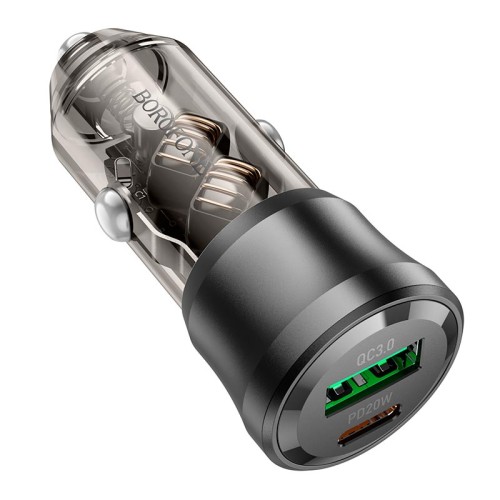 Адаптер автомобільний Borofone Journey car charger BZ25 |1USB/1Type-C, 38W/3A, PD/QC| transparent-black