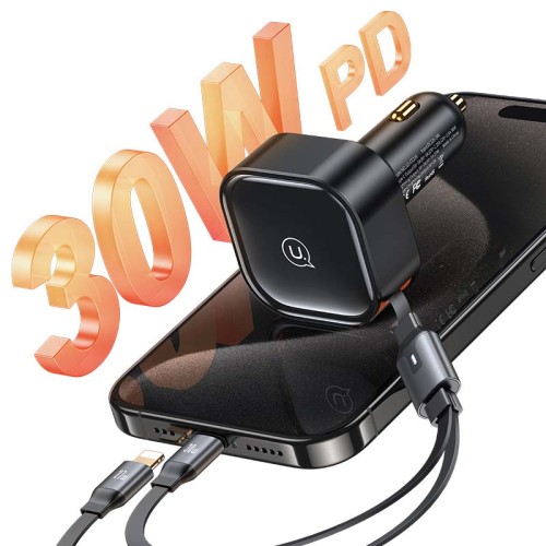 Адаптер автомобільний USAMS Car Charger With 2in1 Retractable Cable Type-C + Lightning US-CC219 C41 |30W, PD/QC| black