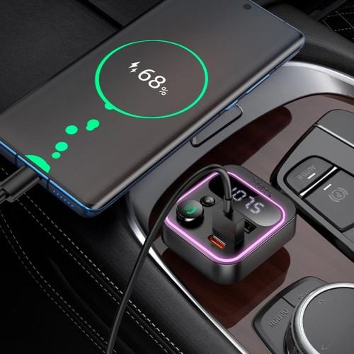 Адаптер автомобільний HOCO Tiger car BT FM transmitter E85 |2USB/1Type-C, 20W/3A, PD/QC| black