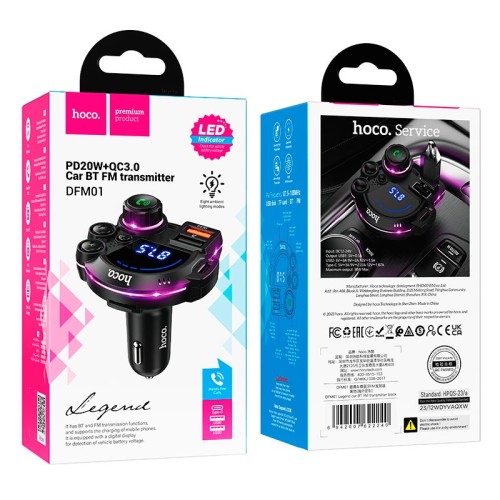 Адаптер автомобільний HOCO Legend car BT FM transmitter DFM01 |2USB/Type-C, PD/QC, 38W/3A| black
