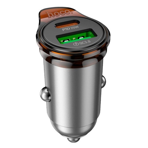 Адаптер автомобільний HOCO Rigorous dual port car charger NZ16A |1USB/1Type-C, 43W/3A, PD25W/QC| metal-grey