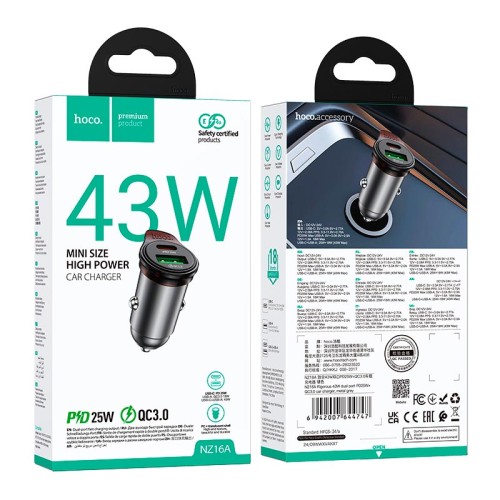 Адаптер автомобільний HOCO Rigorous dual port car charger NZ16A |1USB/1Type-C, 43W/3A, PD25W/QC| metal-grey