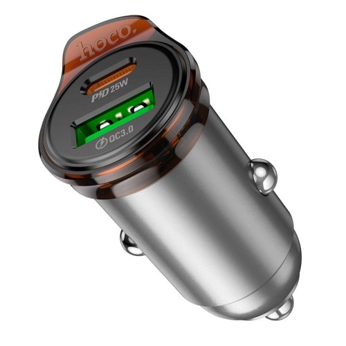Адаптер автомобільний HOCO Rigorous dual port car charger NZ16A |1USB/1Type-C, 43W/3A, PD25W/QC| metal-grey