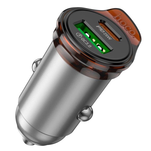 Адаптер автомобільний HOCO Rigorous dual port car charger NZ16A |1USB/1Type-C, 43W/3A, PD25W/QC| metal-grey