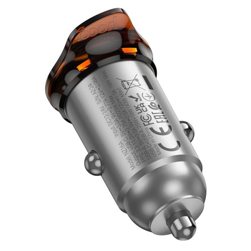 Адаптер автомобільний HOCO Rigorous dual port car charger NZ16A |1USB/1Type-C, 43W/3A, PD25W/QC| metal-grey