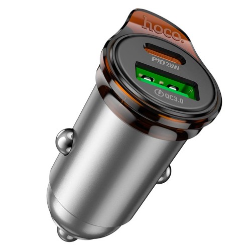Адаптер автомобільний HOCO Rigorous dual port car charger NZ16A |1USB/1Type-C, 43W/3A, PD25W/QC| metal-grey