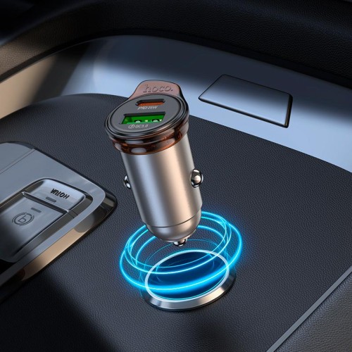 Адаптер автомобільний HOCO Rigorous dual port car charger NZ16A |1USB/1Type-C, 43W/3A, PD25W/QC| metal-grey