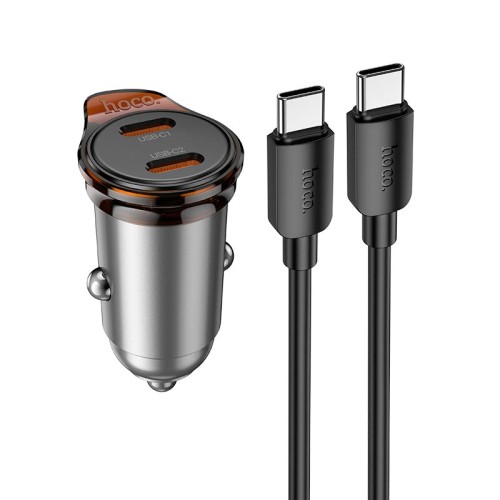 Адаптер автомобільний HOCO Rigorous port car charger NZ16B (Type-C to Type-C set) |2Type-C, 45W/3A, PD25W/QC| metal-grey