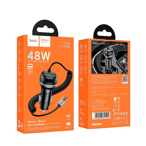 Адаптер автомобільний HOCO Rank car charger Z58B (Type-C cable set) |1Type-C, 48W/3A, PD30W/QC| black