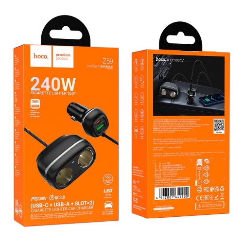 Адаптер автомобільний HOCO Rank dual port car charger Z59 |1USB/1Type-C/2 port 240W cigarette lighter, PD30W/QC| black