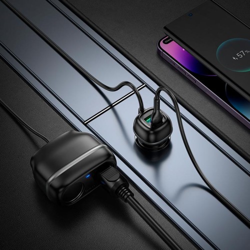 Адаптер автомобільний HOCO Rank dual port car charger Z59 |1USB/1Type-C/2 port 240W cigarette lighter, PD30W/QC| black