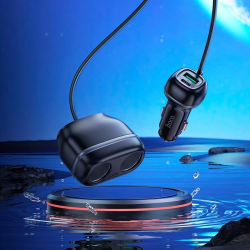 Адаптер автомобільний HOCO Rank dual port car charger Z59 |1USB/1Type-C/2 port 240W cigarette lighter, PD30W/QC| black