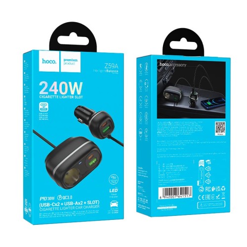 Адаптер автомобільний HOCO Rank car charger Z59A |2USB/2TypeC/1 slot 240W cigarette lighter, PD30W/QC, 96W/3A| black