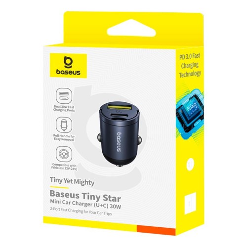 Адаптер автомобільний Baseus Tiny Star Mini Car Charger |1USB/1Type-C, 30W/3A, PD/QC| black