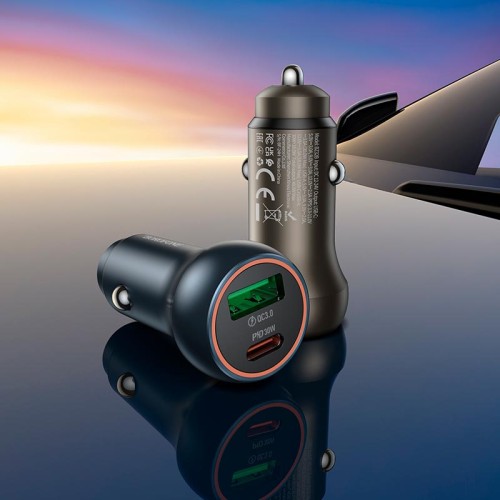 Адаптер автомобільний Borofone Fresh dual port PD car charger BZ32B |1Type-C/1USB, 48W/3A, PD/QC| metal-grey