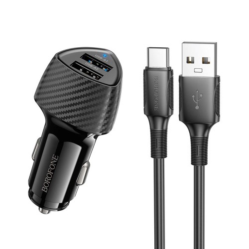 Адаптер автомобільний BOROFONE Solid dual-port car charger Type-C Set BZ31A |2USB, 17W/3.4A Max| black