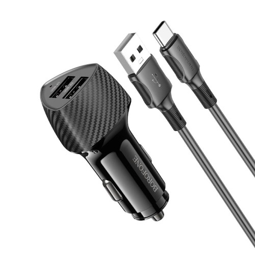 Адаптер автомобільний BOROFONE Solid dual-port car charger Type-C Set BZ31A |2USB, 17W/3.4A Max| black