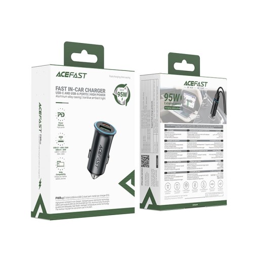 Адаптер автомобільний ACEFAST PD dual port metal car charger B16 |1Type-C/1USB, PD/QC, 95W/3A| grey