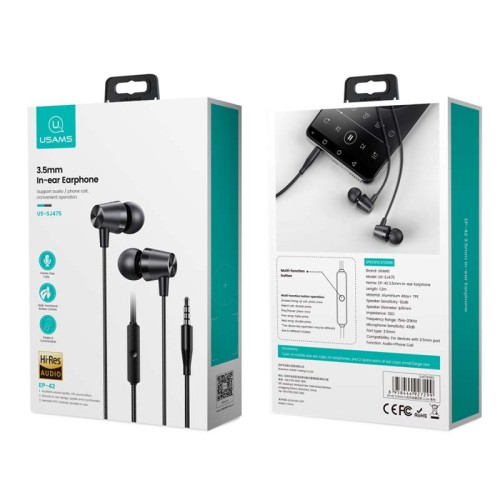 Hавушники USAMS 3.5mm In-ear Earphone  1.2m EP-42 US-SJ475 black
